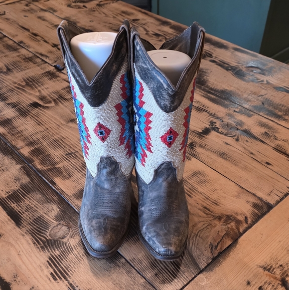 Distressed brown Roper cowboy boots with red, white, and blue beaded upper. - Picture 2 of 5